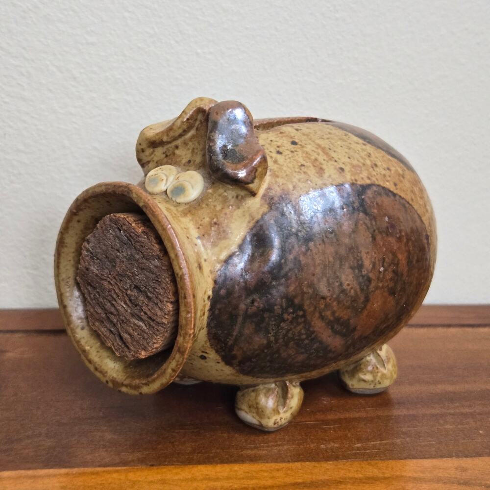 Vintage Stoneware Brown Piggy Bank Cork Snout Super Cute 4.5"